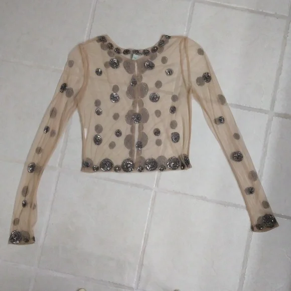 HOSS INTROPIA GORGEOUS SHEER TAN EMBELLISHED TOP - SIZE 38 OR SMALL - Picture 7 of 8